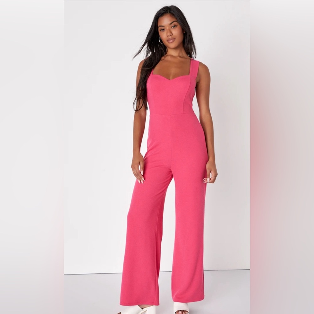 Lulus Hot Pink Ribbed Knit Wide-Leg Jumpsuit